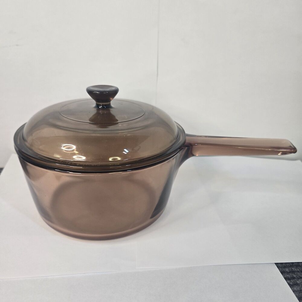 Vintage Corning Vision Ware 1.5 L Amber Glass Pot Sauce Pan With Lid Made In USA